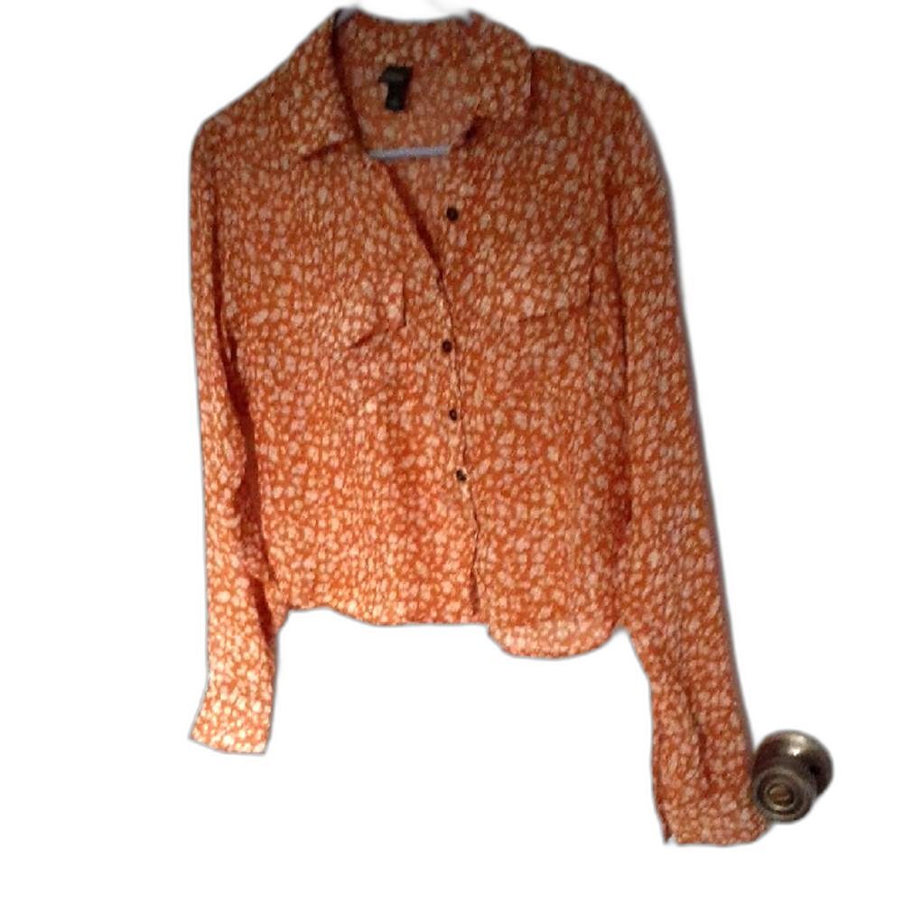 Wild Fable Top Xs Orange Brown Long Sleeve Button Down Sheer Crop  Cropped Shirt